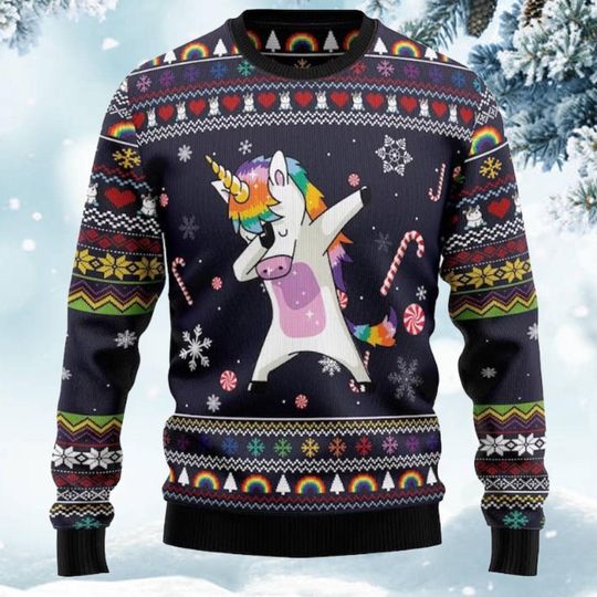 Dabbing Unicorn Christmas Ugly Sweater, Funny Rainbow Holiday Sweater Knit Festive Ugly Xmas Party Gift