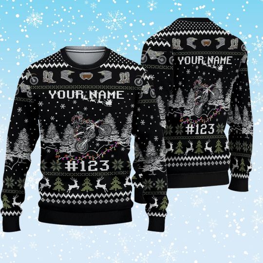 Discover Custom Motocross Ugly Christmas Sweater  Personalized Name & Number Dirt Bike Holiday Jumper, Black Winter Knit, Unisex Gift, Snowy Trees