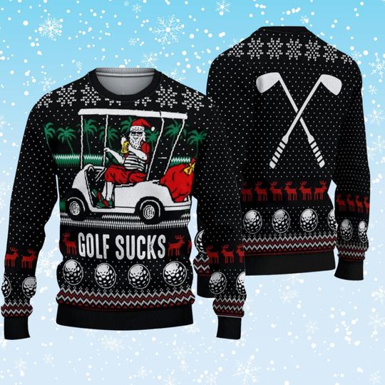 Discover Funny Ugly Christmas Sweater  Santa Driving Golf Cart, Golf Sucks Lettering, Black Knit Unisex Holiday Pullover, Gag Gift for Party
