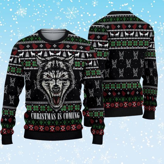 Discover Christmas Is Coming Wolf Ugly Christmas Sweater  Fierce Wolf Head, Black Red Green Fair Isle Print, Unisex Holiday Party Knit Look Jumper