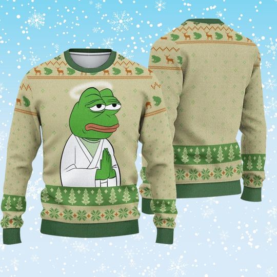 Zen Frog Meme Ugly Christmas Sweater Beige Green Knit Holiday Jumper