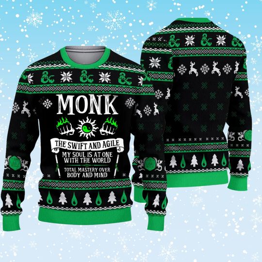 Discover Monk Ugly Christmas Sweater  Swift and Agile RPG Class Pullover, Black Green Fair Isle, DnD Gamer Gift, Unisex Holiday Knit Crewneck Top