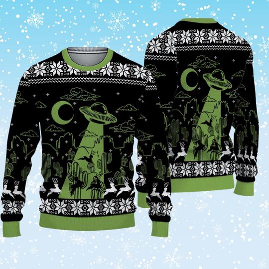 Discover UFO Alien Abduction Ugly Christmas Sweater, Green Black Desert Cactus Scene, Funny Sci Fi Holiday Unisex Crewneck Pullover for Party Gift