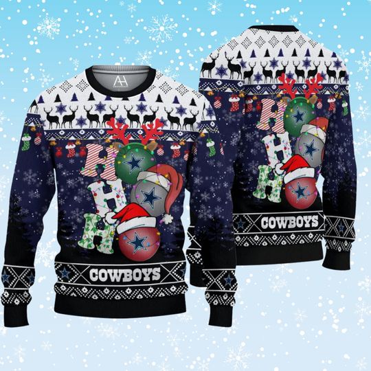 Discover Ho Ho Ho Cowboys Fan Ugly Christmas Sweater, Blue Knit Look with Reindeer and Snowflakes, Unisex Holiday Party Jumper, Football Lover Gift