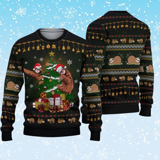 Discover Sloth Ugly Christmas Sweater  Funny Holiday Knit Jumper with Santa Hats, Tree & Gifts, Black Green Unisex Winter Pullover Party Gift