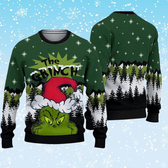 Discover The funny character Ugly Christmas Sweater  Green Face in Santa Hat, Snowy Pine Forest Print, Unisex Holiday Party Knit Crewneck Jumper Sweater