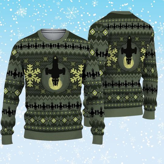 Discover Sci Fi Spaceship Ugly Christmas Sweater  Green Fair Isle Knit, Unisex Holiday Jumper with Moon Glow and Snowflakes, Nerdy Winter Party Gift
