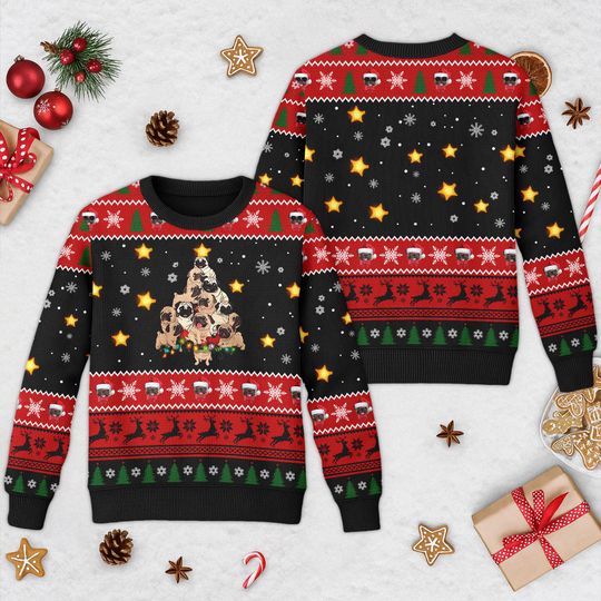 Pug Christmas Tree Ugly Christmas Sweater, Pug Christmas Sweatshirt, Cute Dog Xmas Holiday Party Shirt, Christmas Gift For Men Women Kid