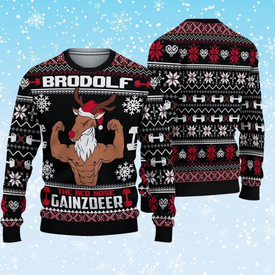 Discover BroDolf The Red Nose Gainzdeer Ugly Christmas Sweater | Funny Gym Reindeer Flex Pullover | Unisex Bodybuilding Holiday Knit Gift for Lifters