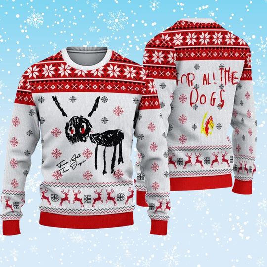 For All The Dogs Ugly Christmas Sweater, Red White Snowflake Fair Isle Knit