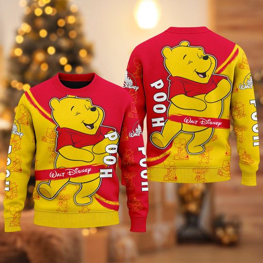 Winnie Pooh Yellow Red Ugly Christmas Sweater, Winnie Pooh Xmas Sweatshirt, Pooh Bear Ugly Christmas Shirt, Christmas Gift For Men Women Kid