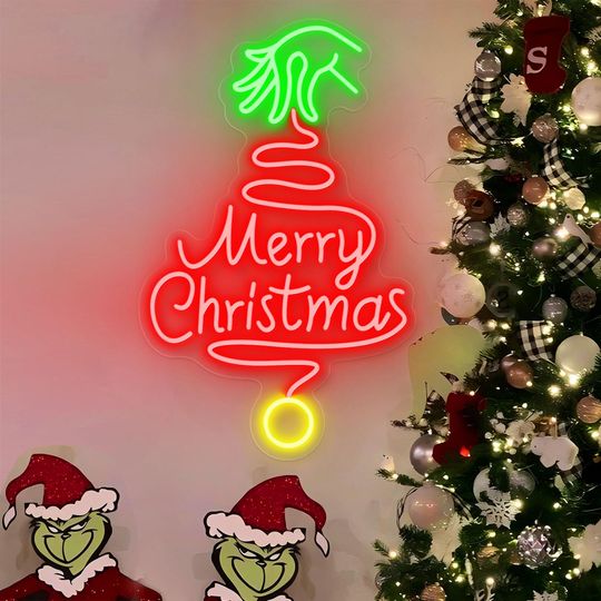 Discover Merry Christmas Tree Neon Sign: Green Grin Hand Merry Christmas Tree LED Light Sign for Holiday Party Wall Decor Window Decor