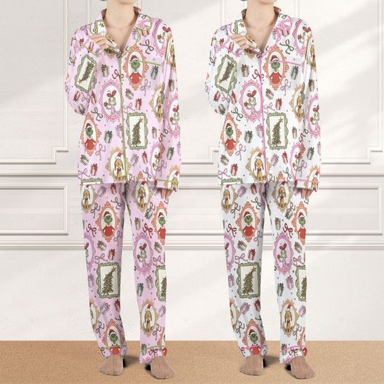 Discover Coquette Bow The Grin Santa Christmas Pajama Set, Spirit Gift Satin Sleepwear, Girly Santa Pjs, Xmas Loungewear Couples, Gift for Her