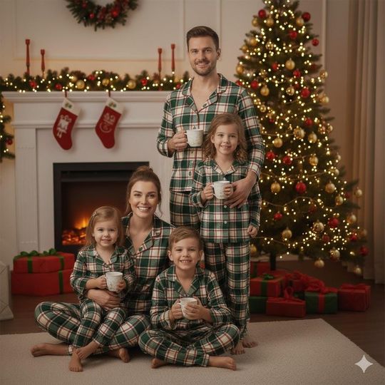 Discover Matching Family Christmas Pajamas, Holiday Sleepwear Set, Satin PJs for Parents & Kids, Xmas Photo Outfit PSJ993