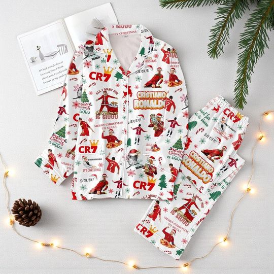 Discover Cristiano Ronaldo CR7 Christmas Pajamas Set | Holiday Sleepwear for Football Fans | Festive Polyester Pajamas
