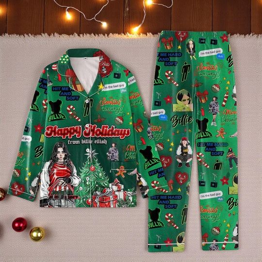 Billie Eilish Happy Holidays Christmas 2024 Pajamas Set | Holiday Sleepwear | Xmas Outfit | Cozy Winter Gift