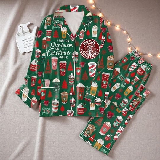 I Run On Starbucks And Christmas Cheer Pajamas Set | Cozy Holiday Coffee Lover Sleepwear