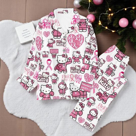 Hello Kitty Pink Fight Breast Cancer Awareness Pajamas Set | Support & Comfort Sleepwear | Christmas Gift for Her