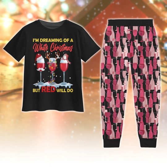 Discover Christmas Red Wine Glass Pajamas Set, Santa Reindeer Holiday Pajamas, Drinking Xmas Pajamas, Xmas Party Gift, Wine Pj Set, Xmas Gift