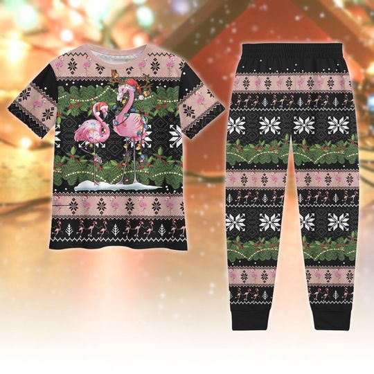 Discover Flamingo Christmas Pajamas Set, Santa Hat Flamingo Christmas Lights Tshirt Pants, Cute Animal Lover Pjs, Christmas Party Gift