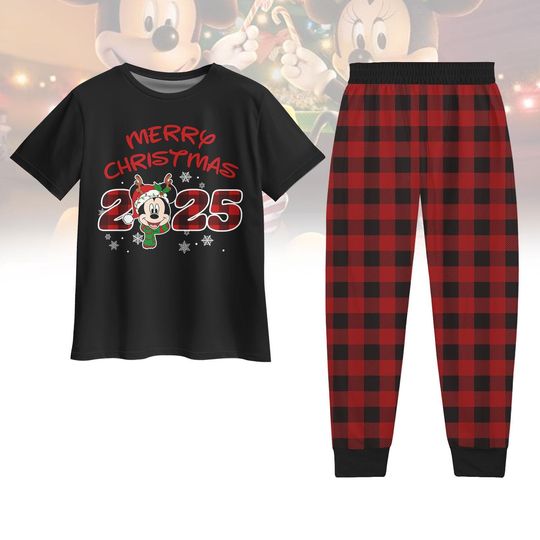 Discover Mickey Mouse 2025 Christmas Pajamas Set, Disney Holiday Red Plaid Matching PJs, Cute Xmas Sleepwear Gift for Women, Christmas Gift