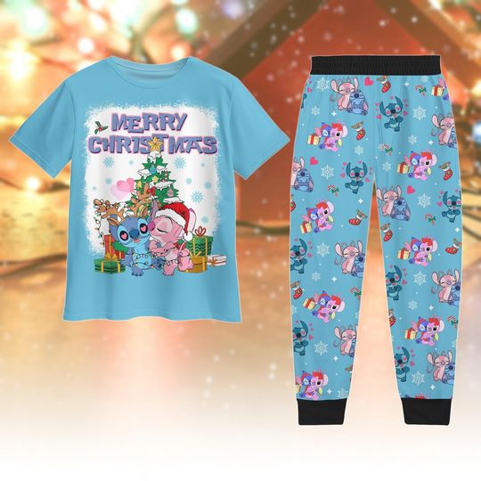 Discover Stitch and Angel Christmas Pajamas Set, Disney Blue Holiday Sleepwear, Cozy Matching Couple PJs, Disney Xmas Gift for Women