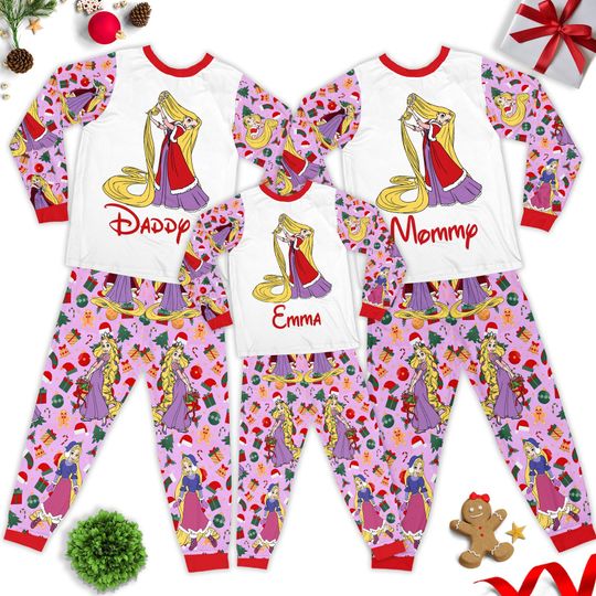 Custom Rapunzel Christmas Pajamas, Tangled Christmas Family Matching Pajamas Set Gift, Cartoon Xmas Party Pyjamas, Magic Kingdom Shirt