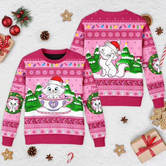 Discover Disney Marie Cat Mad Tea Cup Party Disney Christmas Sweater, The Aristocats Xmas Sweatshirt, Disney Christmas Gift for men Women kid