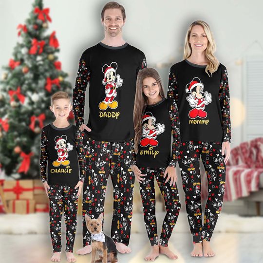 Discover Personalized Mickey & Minnie Christmas Pajamas Set, Mickey Mouse Family Matching Pajamas, Cartoon Christmas Party Tee, Magic Kingdom Shirt