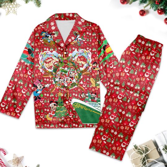 Discover Mickey and Friends Cruise Christmas Pajamas Set, Mickey Mouse Xmas Party Shirt, Magic Kingdom Shirt, Mickey Santa Hat Women Pajamas