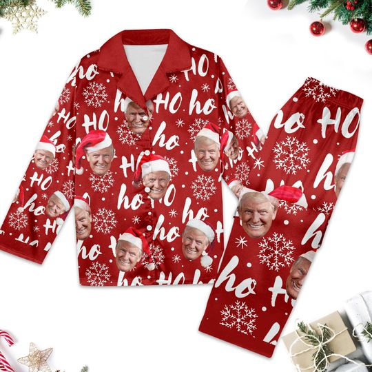 Ho Ho Ho Trump Funny Christmas Pajamas, Santa Trump Make Christmas Great Again Pajamas Set Long, President Trump Xmas Shirt