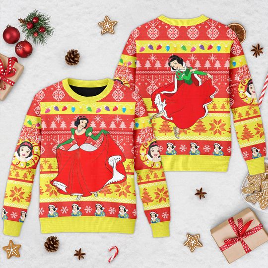 Discover Disney Snow White Ugly Christmas Sweater, Snow White And 7 Dwarfs Xmas Sweatshirt, Snow White Princess Christmas Gift For Men Women Kid