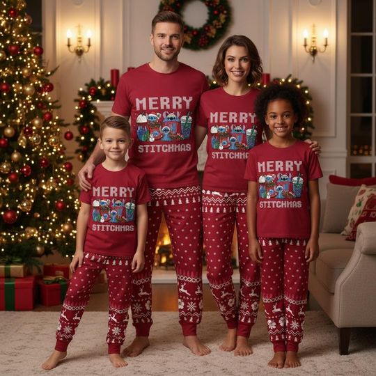 Discover Disney Stitch Family Christmas Pajamas, Stitch Santa Hat T-shirt Pants Set, Disney Cartoon Xmas Loungewear, Matching Holiday Sleepwear