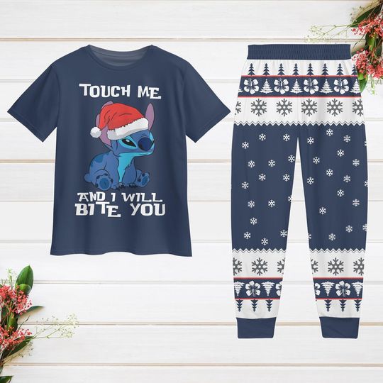 Discover Funny Stitch Christmas Pajamas, Touch Me And I Will Bite You Stitch Shirt, Disney Cartoon Xmas Pajamas, Winter Holiday Gift
