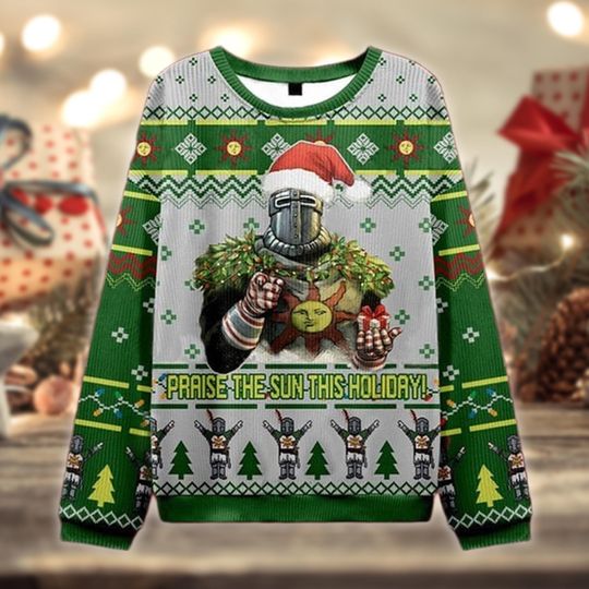 Praise The Sun Holiday Sweater, Ugly Christmas Gaming Sweatshirt, Video Game Fan Gift, Soulslike Xmas Top, Geek Holiday