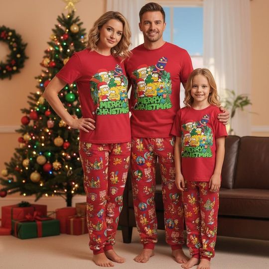 Discover Simpsons Family Christmas Pajamas, Funny Cartoon Xmas T-shirt Pants Set, Santa Homer Simpson Holiday Loungewear, Xmas Gift for Fans