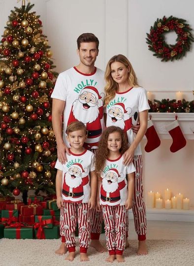 Discover Santa Family Christmas Pajamas Set, Pink Santa Retro Xmas T-shirt Pants Set, Xmas Holiday Gift For Men And Women,Holiday Family Outfit