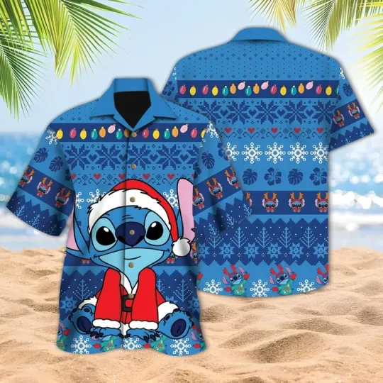 Discover Cute Stitch Santa Claus Tropical Vacation Vibes Merry Christmas Hawaiian Shirt