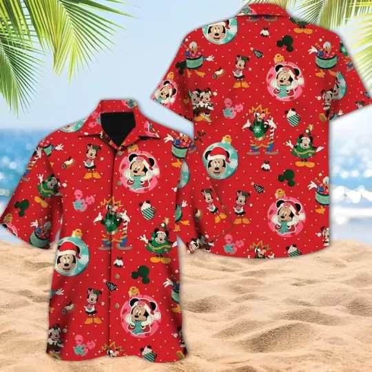 Discover Cute Mickey & Minniee Mouse Joy To The World Merry Christmas Red Hawaiian Shirt