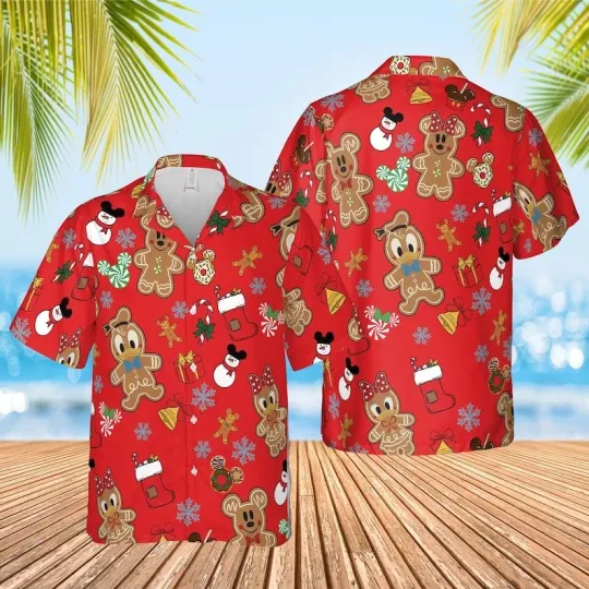 Discover Mickey & Friends Gingerbread Man Christmas Party Cookie Red Hawaiian Shirt