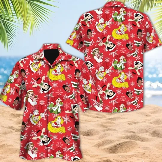 Discover Princess Characters Merry Christmas Holiday Season Red Themed Hawaiian Shirt