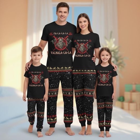 Viking Christmas Pajamas Set, Fa La La La Valhalla-La Scandi Shirt, Valhalla Xmas Loungewear Holiday Gift, Scandinavian Christmas Pants
