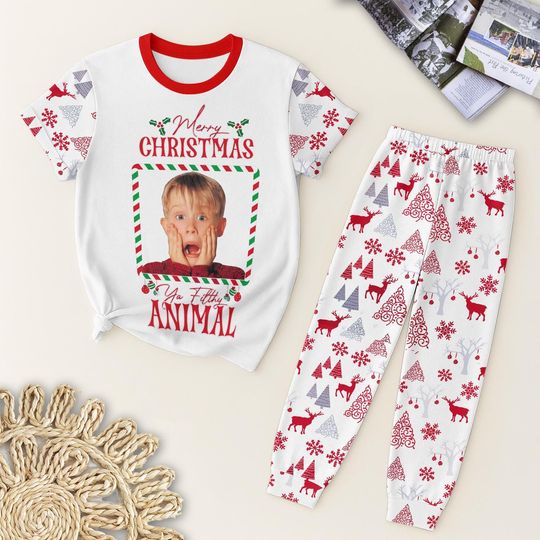Discover Merry Christmas Ya Filthy Animal T Shirt And Pants Pajamas Set, Christmas Tree Reindeer Homewear, Winter Season Sleepwear