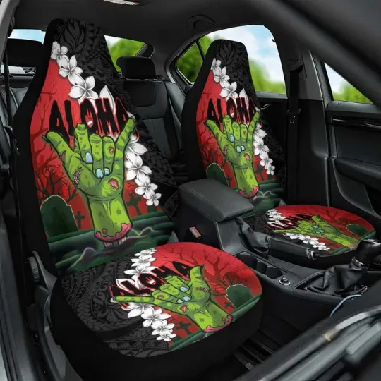 Discover Shaka Hand Plumeria and Polynes Car Seat Cover Set of 2, Halloween Car Set Cover