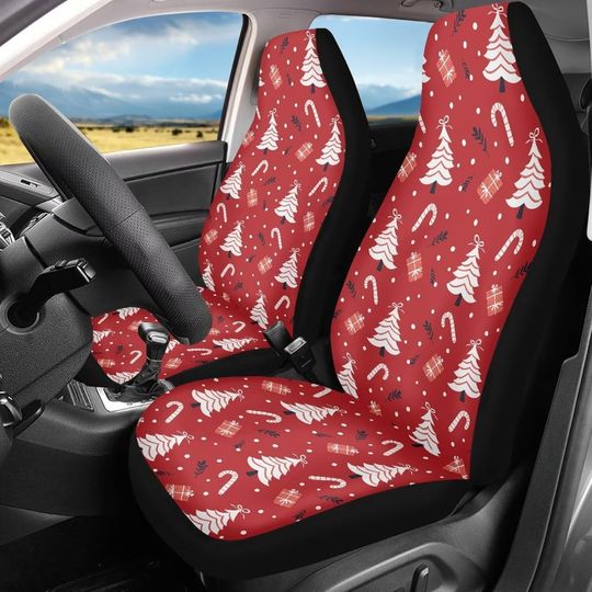 Discover Christmas Tree Candy Gift Print Car Seat Covers 2pcs/Set High Back Stretchy Bucket Seat Cover Auto Protector