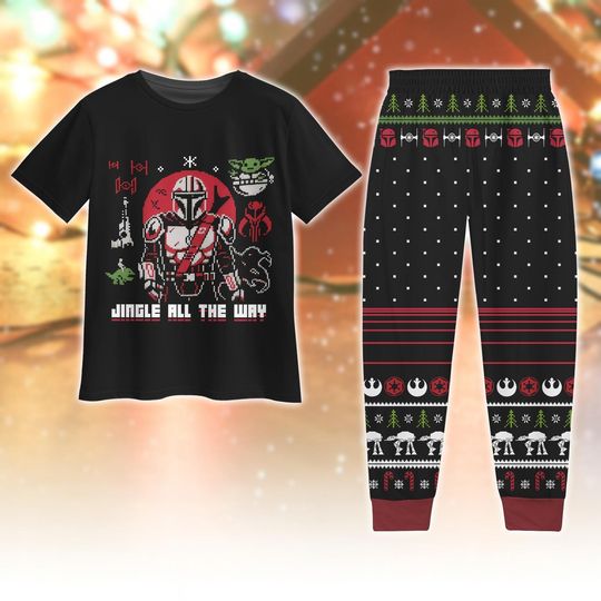 Discover Mandalorian Jingle All The Way Pajamas, Baby Yoda Christmas T-Shirt Pants Set, Funny Star Wars Holiday Gift, Disney Xmas Pjs