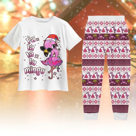 Fa La La Mingo Flamingo Christmas Pajamas, Funny Flamingo Holiday T-Shirt Pants Set, Tropical Santa Sleepwear Gift, Xmas Holiday Gift