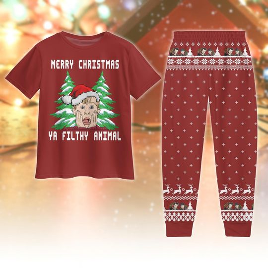 Home Alone Merry Christmas Pajamas, Ya Filthy Animal T-Shirt Pants Set, Funny Movie Holiday Sleepwear Gift, Movie Home Alone Gift