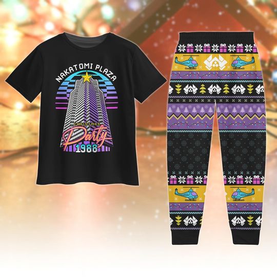 Nakatomi Plaza Christmas Party Pajamas, Die Hard Movie T-Shirt Pants Set, Funny Retro Holiday Sleepwear Gift, Xmas Movie Gift