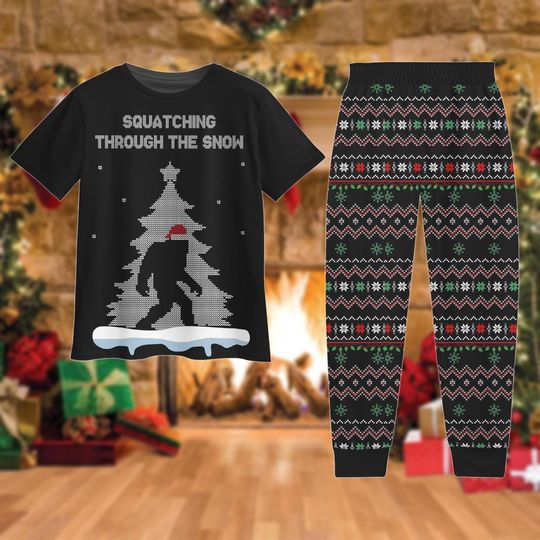 Squatching Through Snow Pajamas, Bigfoot Santa Hat T-shirt Pant Set, Monster Xmas Pj Set, Christmas Gift For Men Women Kid